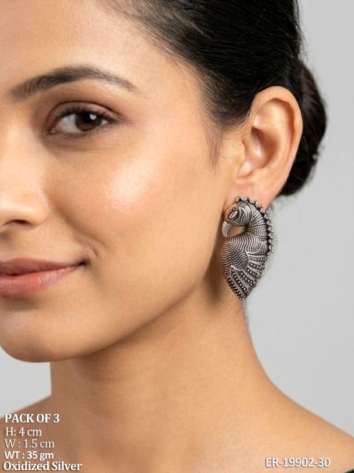 Peacock Stud Earrings with Stone Work in Oxidised Finish