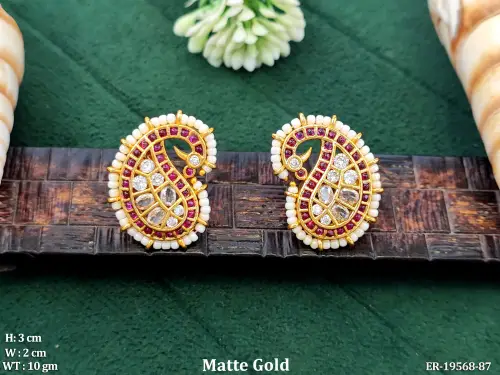 Matte Finish Stone-Studded Stud Earrings with Paisley Design