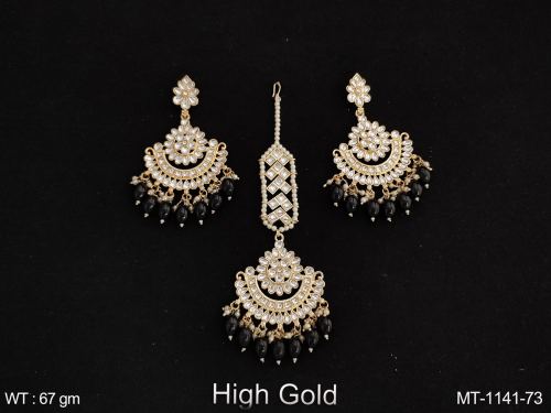 High Gold Polish Fancy Design Party wear Antique Maang Tikka with Earring