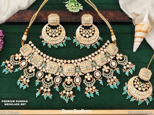 Party Wear Kundan Necklace Set with Stone Work in Mint Green, photo 5 of 6