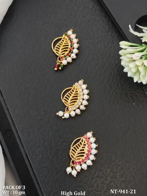 Traditional Maharashtrian Nose Ring with Pearls Set of 3