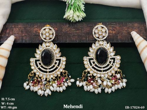 Earrings with Pearls in Mehendi Finish in Green Multi, photo 3 of 4
