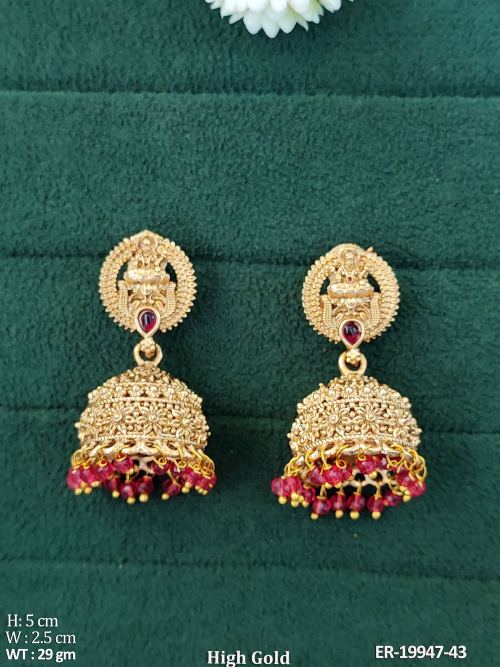 Temple Jhumkas with Stone Work in Ruby, photo 3 of 4