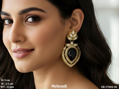 Mehendi Finish Antique Stone-Studded Earrings for Women