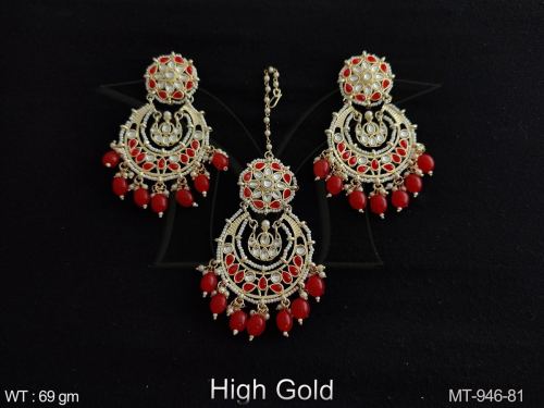 Beautiful Fancy Style High Gold Polish Clustered Pearl Full white Kundan Stones Designer Maang Tikka with Earring
