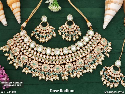 Kundan Necklace Set in Rose Finish for Women in Mint Green, photo 3 of 4