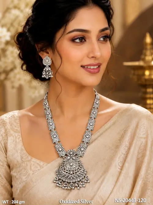 Oxidised Finish Stone-Studded Necklace Set for Women