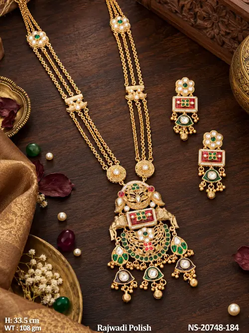 Long Antique Jewellery Set with Stone Work in Rajwadi Finish in Ruby, photo 3 of 4