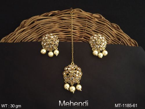 Mehendi Polish Fancy Design Clustered Pearl Party wear Beautiful Antique Maang Tikka with Earring 