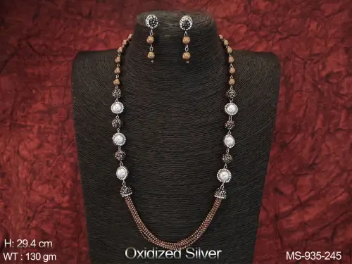Oxidised Silver Polish Designer Fancy Style Beautiful Western Beaded Long Mala Set