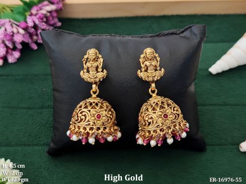 Temple Stone-Studded Jhumka Earrings in Ruby, photo 2 of 5