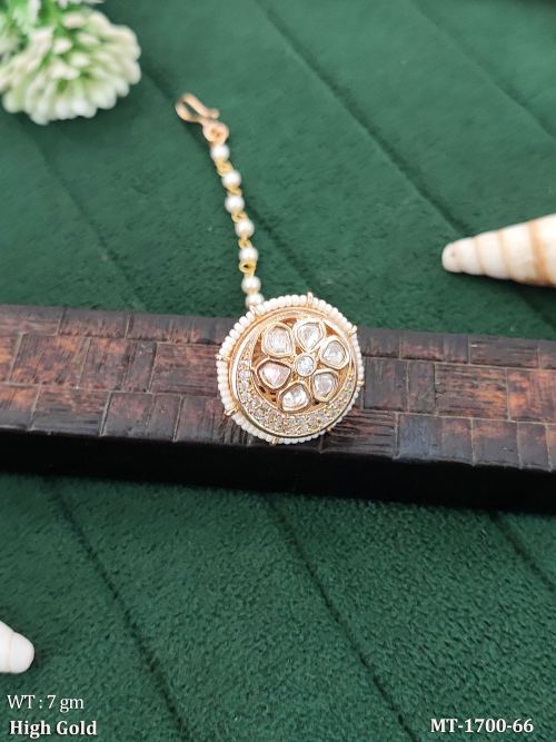 Classic High Gold Bridal Pearl Border Floral Kundan Maang Tikka 
