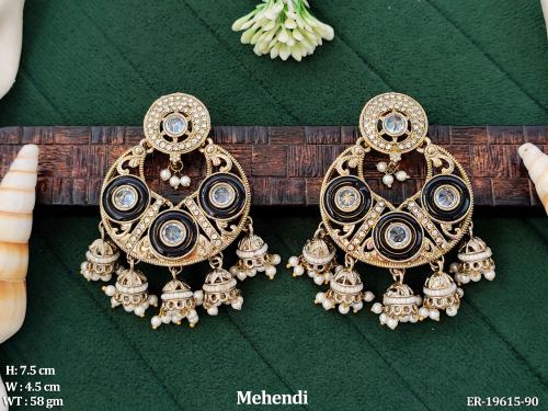 Antique Stone-Studded Jhumka Earrings in Mehendi Finish in Black, photo 2 of 9