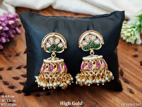 Stone-Studded Antique Jhumki Earrings for Women in Ruby Green, photo 3 of 4