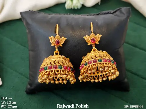 Antique Lotus Jhumka Earrings with Stone Work