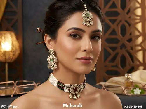 Antique Mehandi Fancy Full Stone Necklace Set
