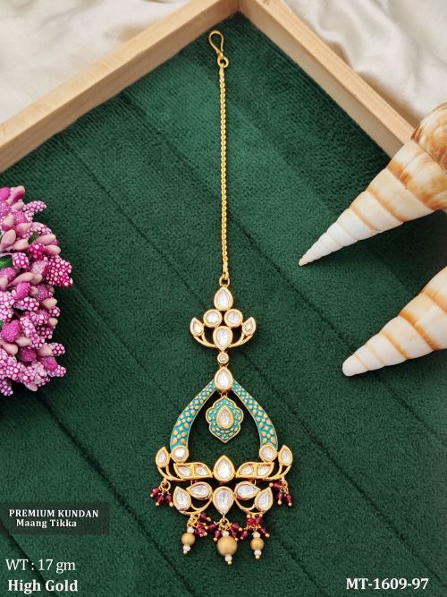 Kundan Maang Tikka with Stone Work in Feroza Ruby, photo 4 of 6
