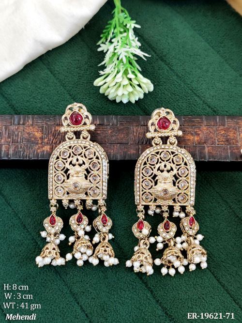 Traditional Stone-Studded Jhumka Earrings in Mehendi Finish in Rani, photo 7 of 14