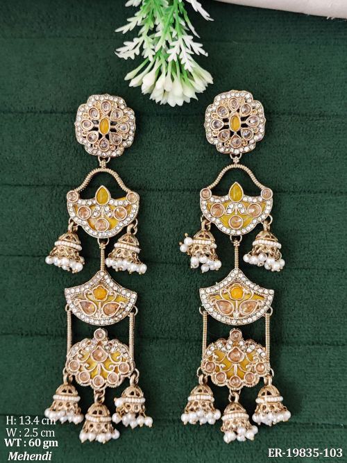 Jhumka Earrings with Pearls in Mehendi Finish in Yellow, photo 5 of 9