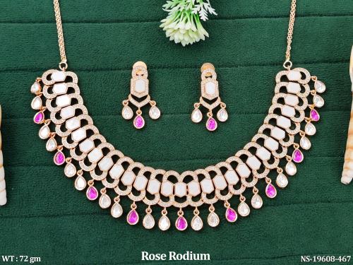 Rose Finish Kundan Stone-Studded Necklace Set with Earrings for Women in Ruby, photo 2 of 4