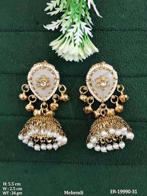 Mehendi Finish Pearl Jhumka Earrings for Women in White, photo 2 of 3