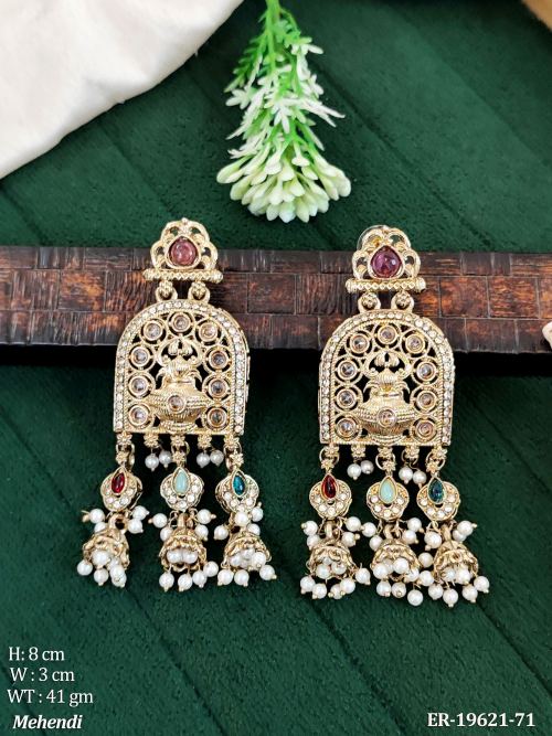 Traditional Stone-Studded Jhumka Earrings in Mehendi Finish in Multi, photo 12 of 14
