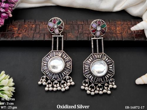 Stone-Studded Earrings in Oxidised Finish in Multi, photo 6 of 7