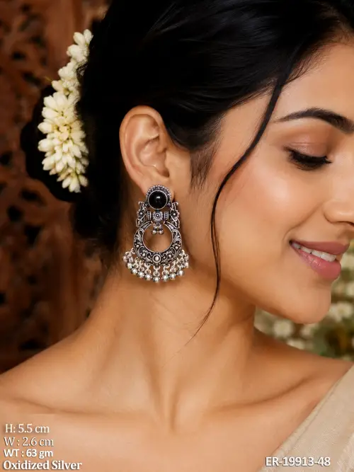 Traditional Stone-Studded Earrings in Oxidised Finish Set of 3