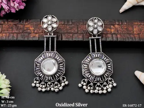 Stone-Studded Earrings in Oxidised Finish in White, photo 5 of 7