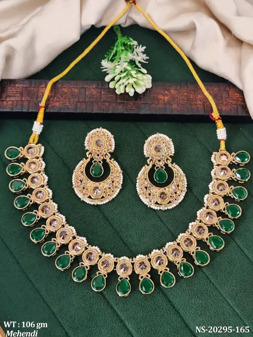 Antique Necklace Set with Earrings in Mehendi Finish for Women