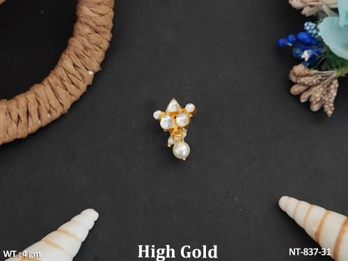 Stone-Studded Kundan Nath Nose Ring in White, photo 2 of 3