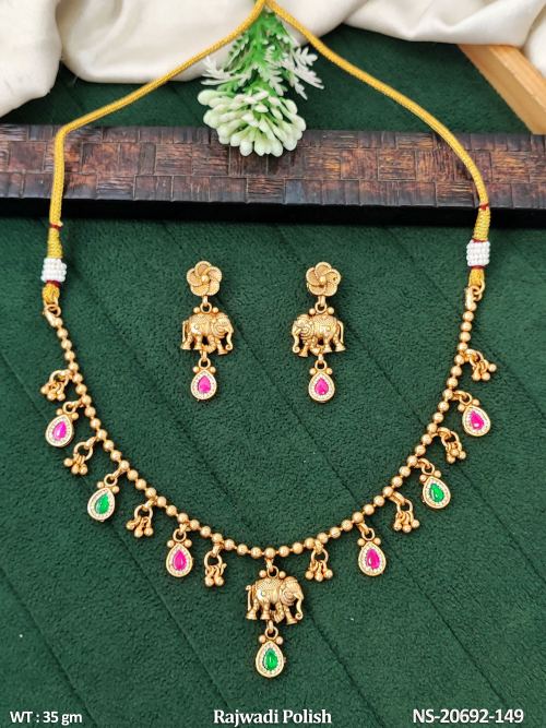 Stone-Studded Elephant Necklace Set in Rajwadi Finish, photo 2 of 3