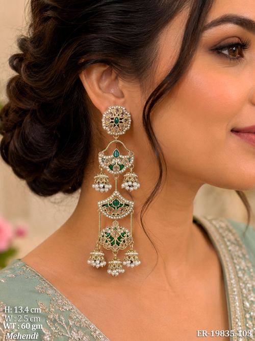 Jhumka Earrings with Pearls in Mehendi Finish in Green, photo 4 of 9