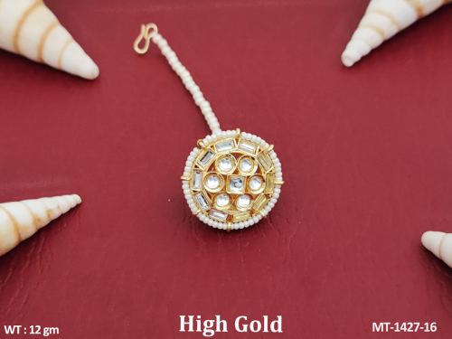 Fancy Style Clustered Pearl High Gold Polish Kundan Stones Kundan Jewellery Designer Maang Tikka