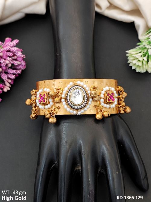 Traditional Gold Kada with Oval White Stone Design 