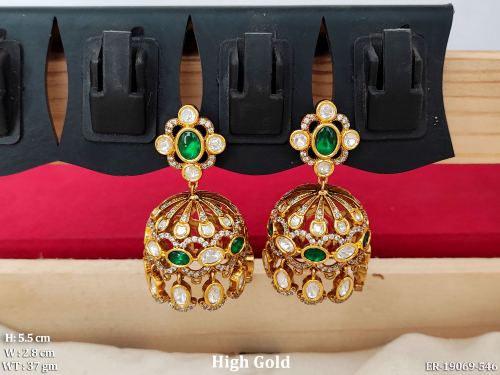 Traditional Stone-Studded Jhumka Earrings in Green, photo 2 of 5