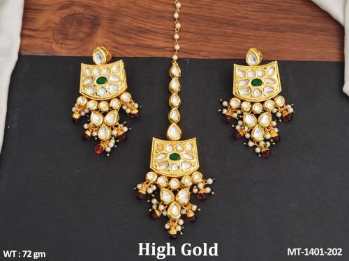 Party wear Fancy Style Kundan Stones High gold Polish Beautiful Kundan Maang tikka with Earring
