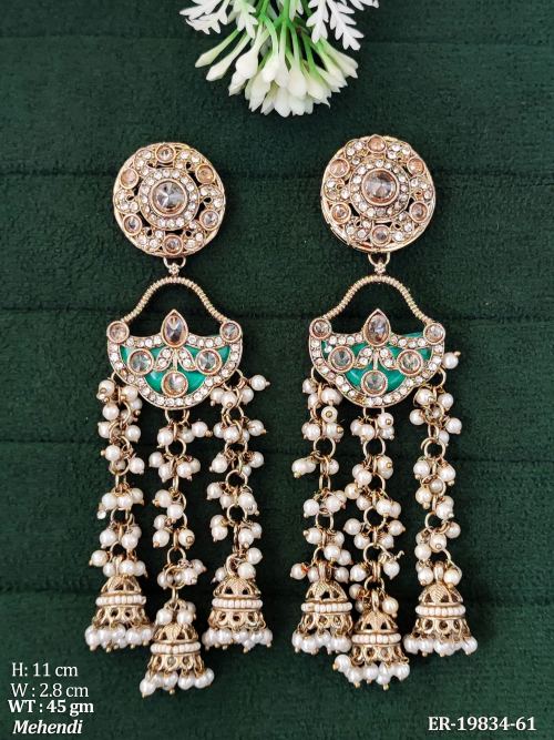 Long Stone-Studded Jhumka Earrings for Women in Light Green, photo 3 of 3