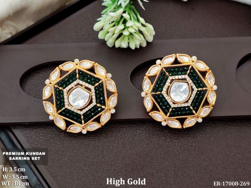 Party Wear Kundan Earrings with Stone Work in Green, photo 2 of 6