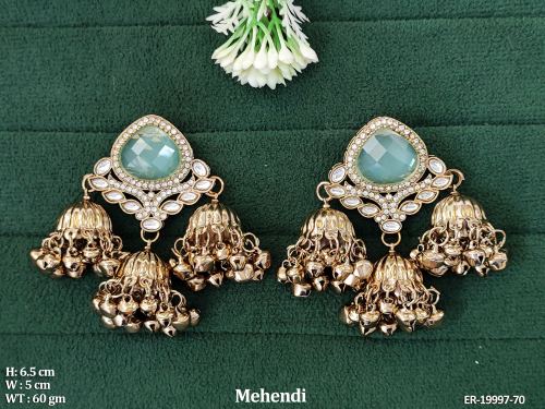 Mehendi Finish Antique Stone-Studded Jhumka Earrings for Women in Mint Green, photo 5 of 6