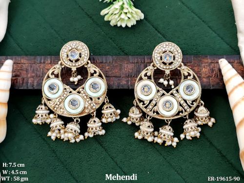 Antique Stone-Studded Jhumka Earrings in Mehendi Finish in Mint Green, photo 8 of 9