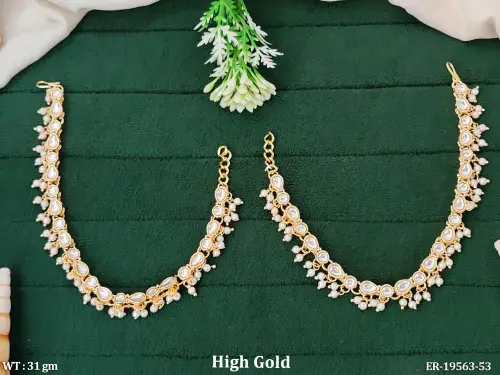 Traditional Kundan Pearl Kaan Chain Earrings