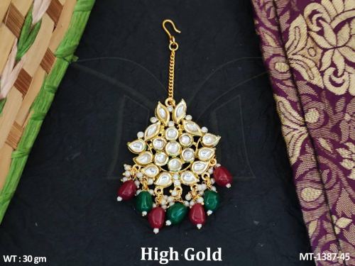 Classic Party Wear Kundan Tikka with Pearls in Ruby Green, photo 6 of 7