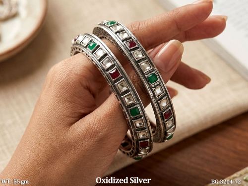 Oxidized Silver Multicolor Stone Bangle Set for Women