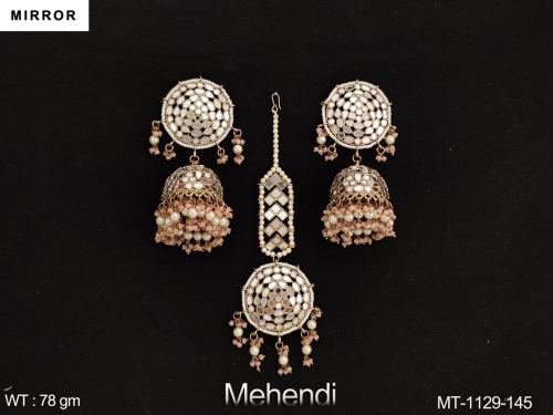 Designer Mehendi Polish Party wear Mirror Work Maang Tikka with Earring 