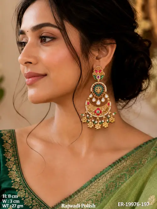 Rajwadi Finish Antique Stone-Studded Chandbali Earrings for Women