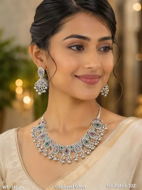 Stone-Studded Jewellery Set in Oxidised Finish