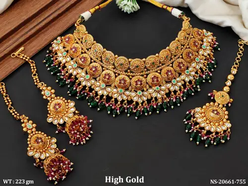 Traditional Rajwadi Antique High Gold Necklace Set with Earrings