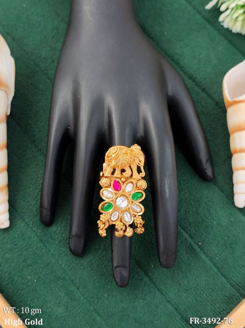 Antique High Gold Elephant Motif Floral Statement Ring
