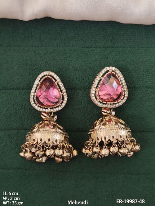 Antique Jhumka Earrings with Stone Work in Mehendi Finish in Rani, photo 3 of 4